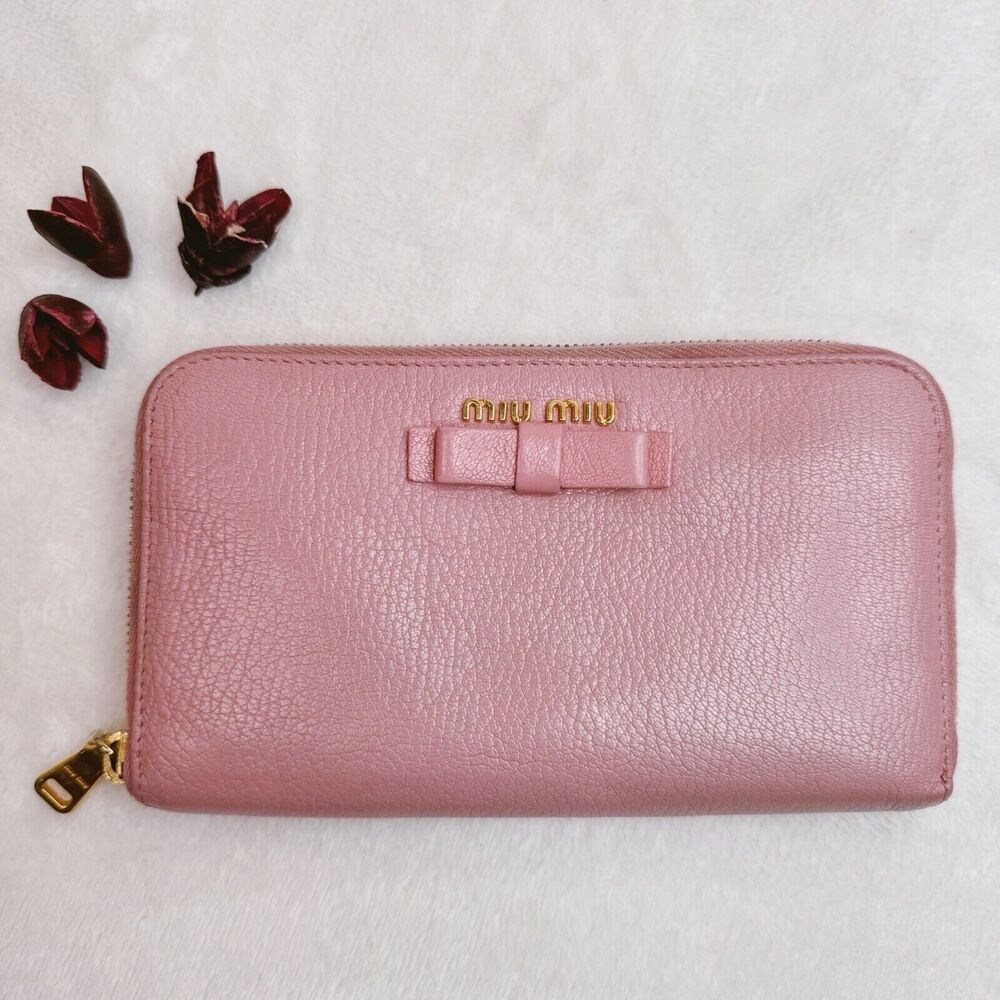 Miu Miu Long Wallet Zip Around Pink Bow Patent Feminine Continental Gold HW